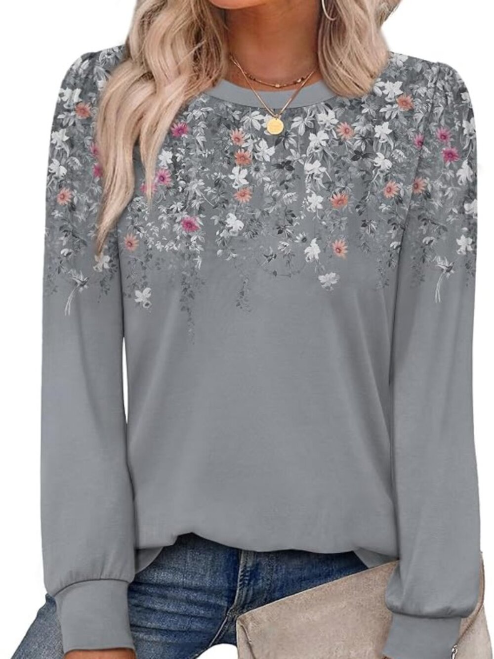 Fall Long Sleeve Print Tunic Top | Crewneck Blouse